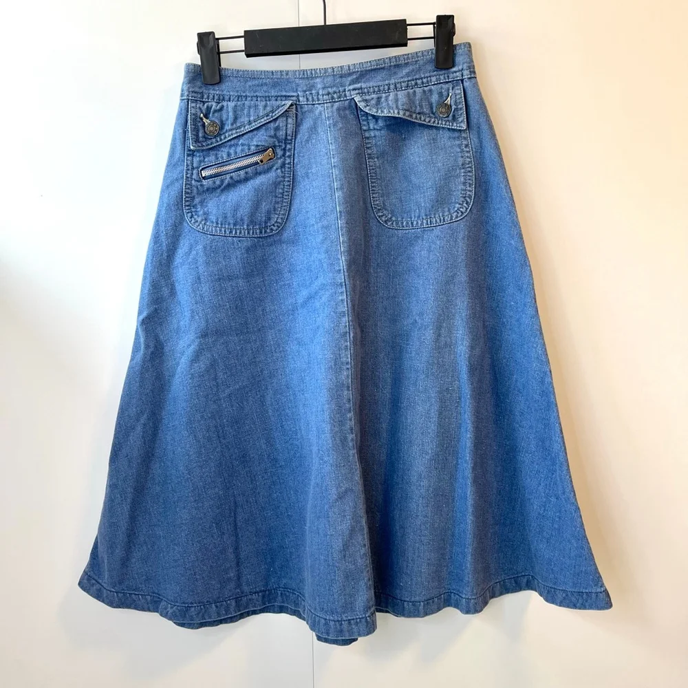 Vintage 70s A-Line Denim Midi Skirt Utility Pockets, Adjustable Waist 26-27” (S) - Picture 3 of 10
